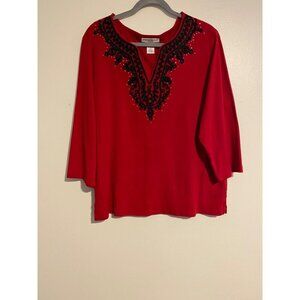 Rebecca Malone Womens 1X Red Black Embellished Top Soft Cotton Career Artsy
